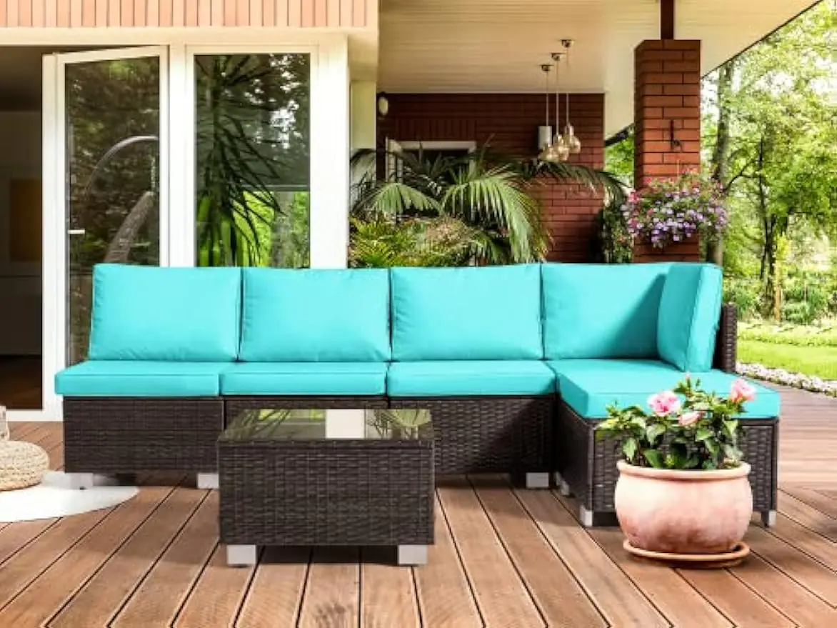 

Modular Patio Furniture Set, 6PCS Outdoor Sectional Couch, Rattan Wicker Conversation Sets w/ Glass Table & Cushion (Turquoise)