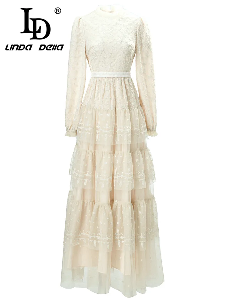 LD LINDA DELLA Autumn New Style Elegant Party Dress Women's White Print Cascading Ruffle Splice High Waist Lace Long Dress