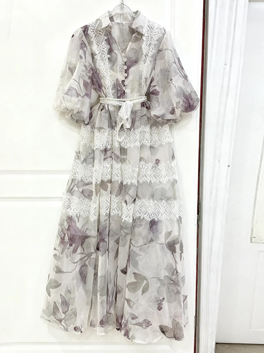 VGH Abito casual con stampa a catena di perle impiombate per donna Risvolto Manica lunga Manica a sbuffo Vita alta Abiti in maglia trasparente di pizzo Donna Nuovo