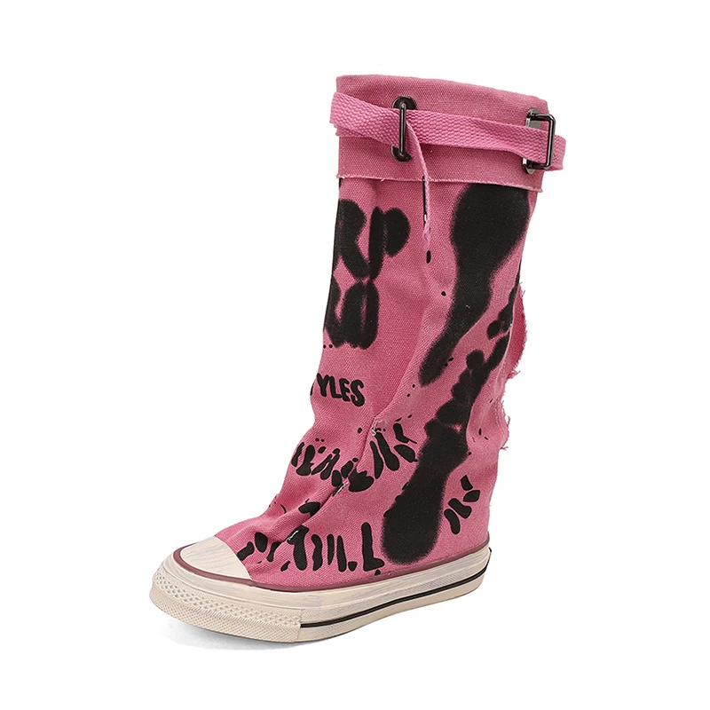 

Womens Street Casual Boots Graffiti Denim Shoes Spring Autumn Fashion Boots Round Toe Sip On Internet Celebrity Daily Shoes