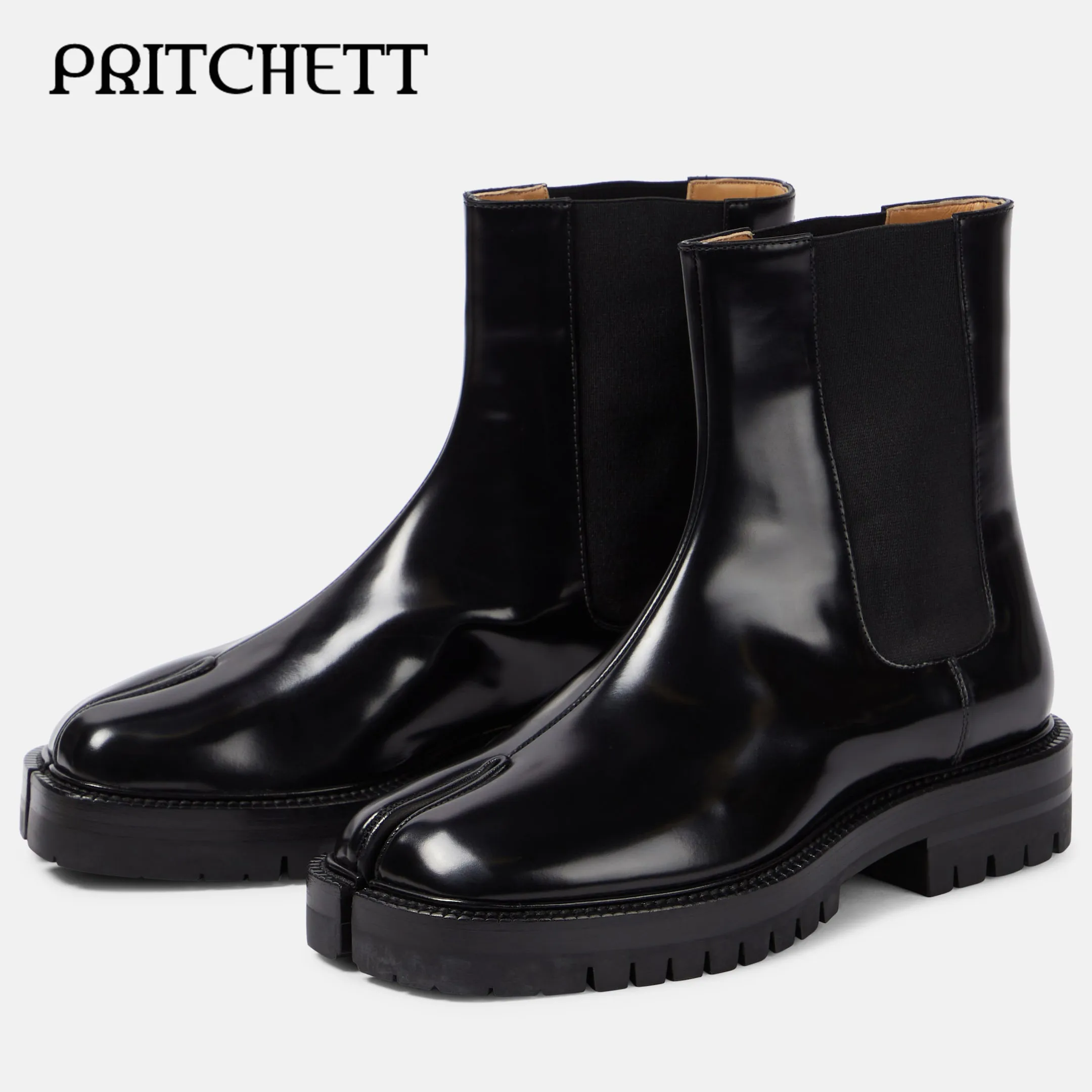 Black Elastic Tabi Boots Solid Color Casual High Quality Business Leather Boots Large Size Personality Formal Men's Boots