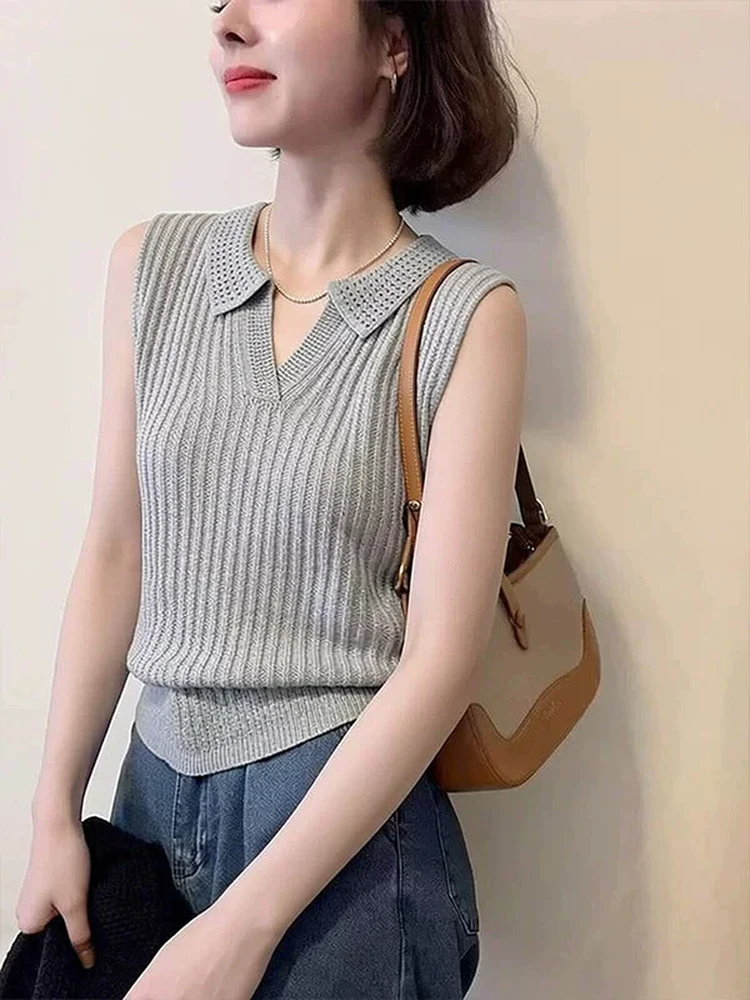

Korean Style Neck Sleeveless Knitted Vest Women Summer Outerwear Slimming Beautiful Unique Anti-aging Top Breathable Ice...