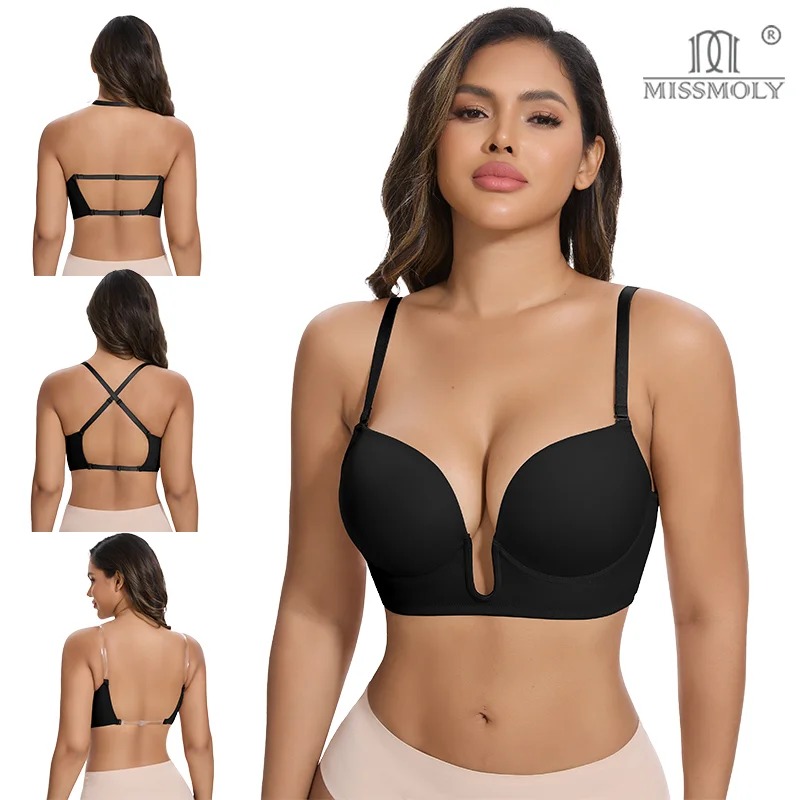 Miss Moly Damen Push-Up-BHs mit gerafftem V-Ausschnitt, unsichtbare Dessous, Push-Up-BH mit gerafftem BH, verstellbarer Riemen, mehrere Möglichkeiten zum Tragen