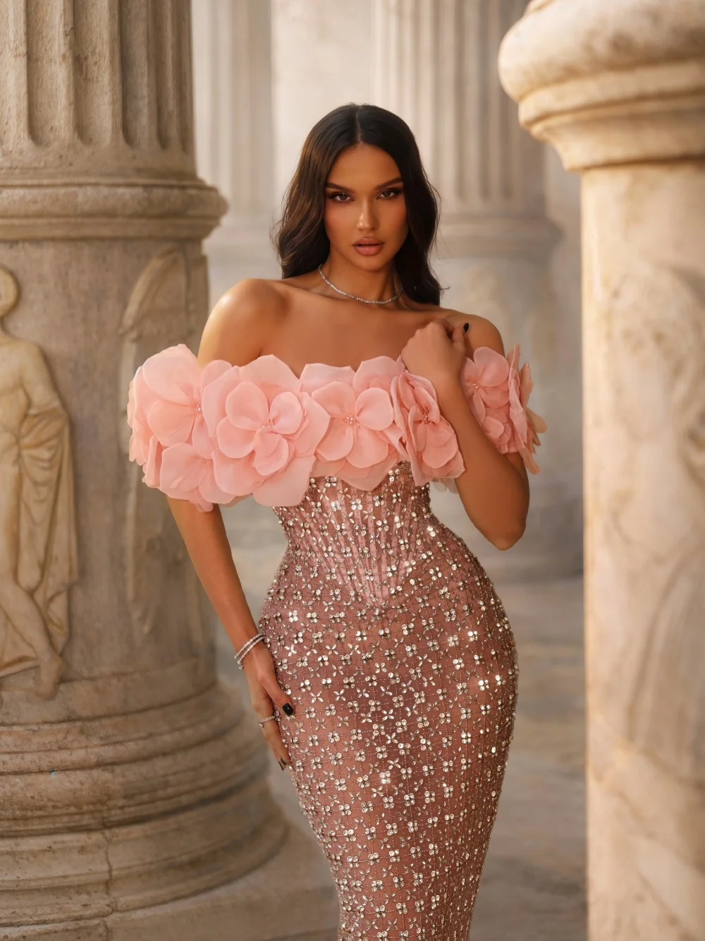 Glamorous Silver Crystal Evening Dress Pink Handmade 3D Floral Wedding Party Gowns Customized Luxury Off Shoulder Banquet Gowns
