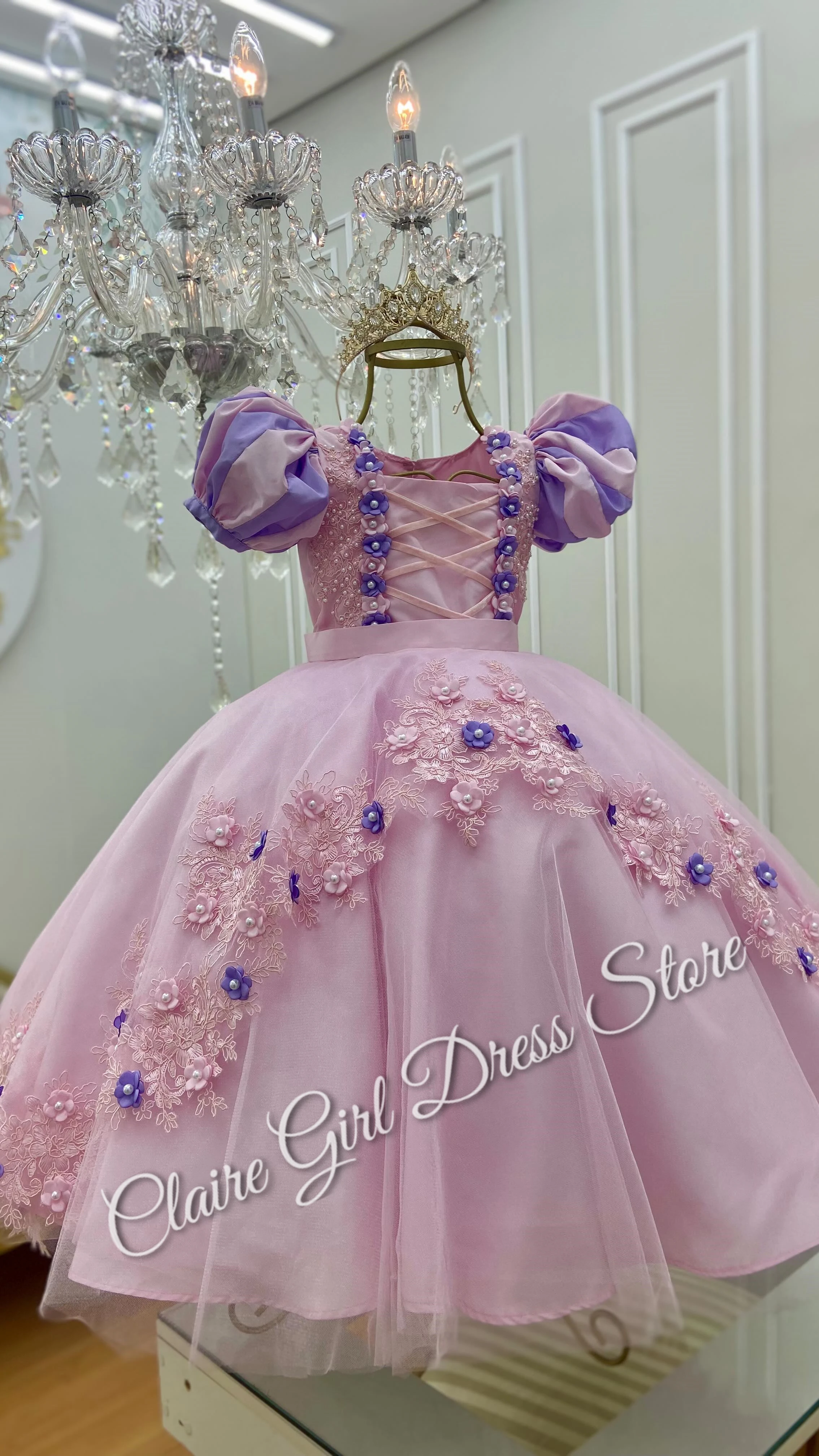 

Customized Flower Girl Dresses For Wedding Pink 3D Flower Lace Tulle Elegant Kids Birthday Party First Communion Ball Gown