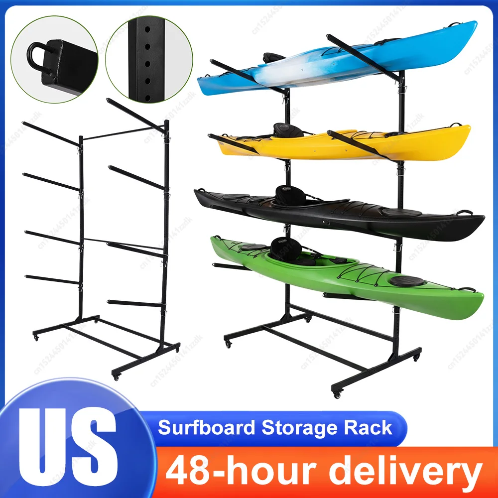 Soporte de Almacenamiento para Kayaks de 4 Niveles con Base Ancha Antivuelco, Soporte para Tablas de Paddle Surf con Ruedas y Patas Intercambiables para Garaje, Muelle y Uso en la Orilla del Mar