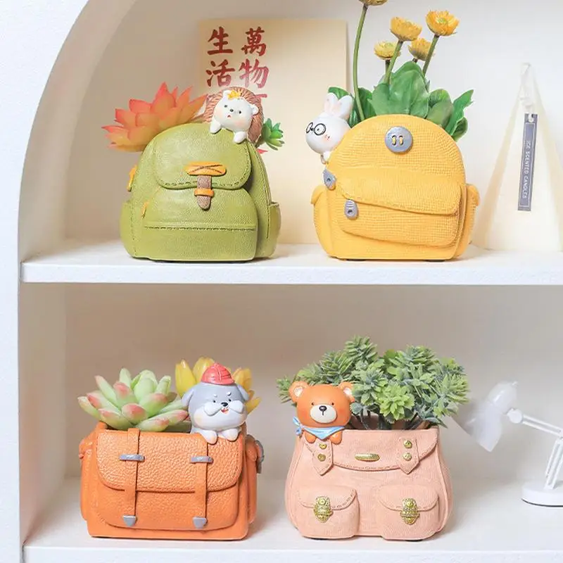 

Cartoon Animals on the Backpacks Planter Flower Pot Decorative Resin Flower Pot with Drainage Holes Indoor Planters for Balconie