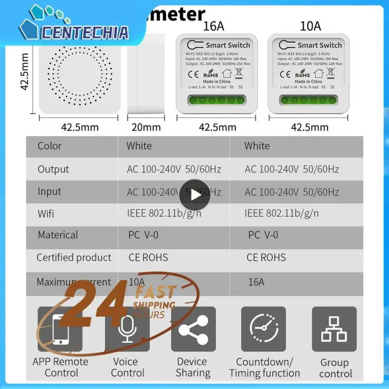 

1~8PCS Wifi Switches Tuya Support 2-way Control Mini Breaker Module Smart Home Wireless Switch 10a 16a