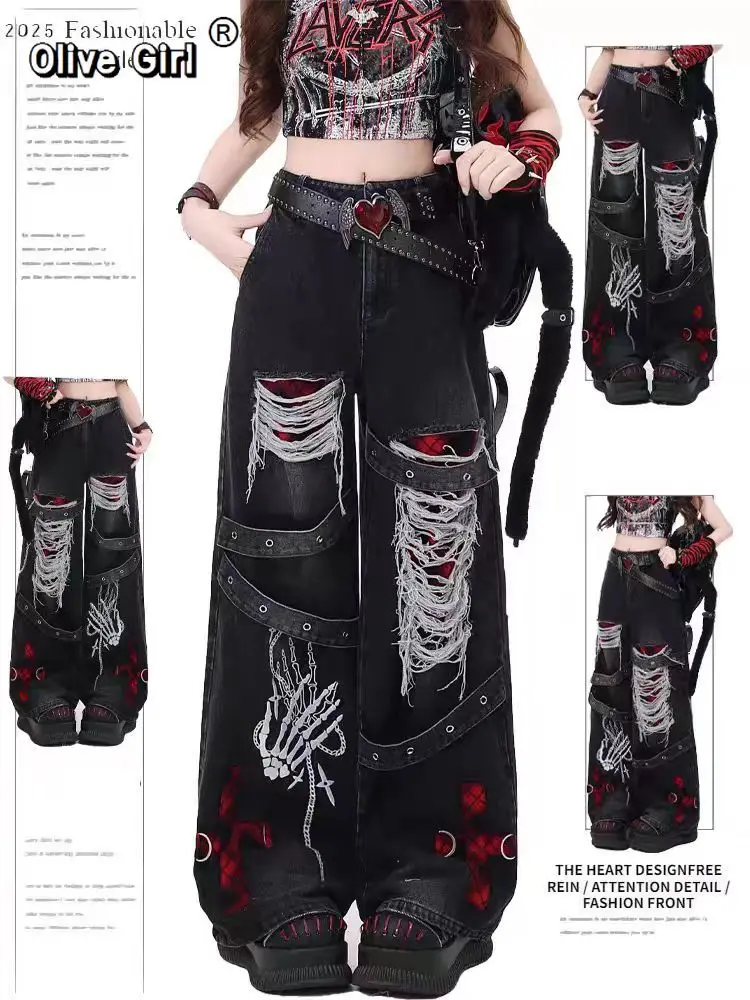 Olivegirl Ripped Denim Jeans Y2k Pants Punk Dance Men Women's Trousers 2026 Spring Autumn Retro Distressed Washed Wide Leg Pants