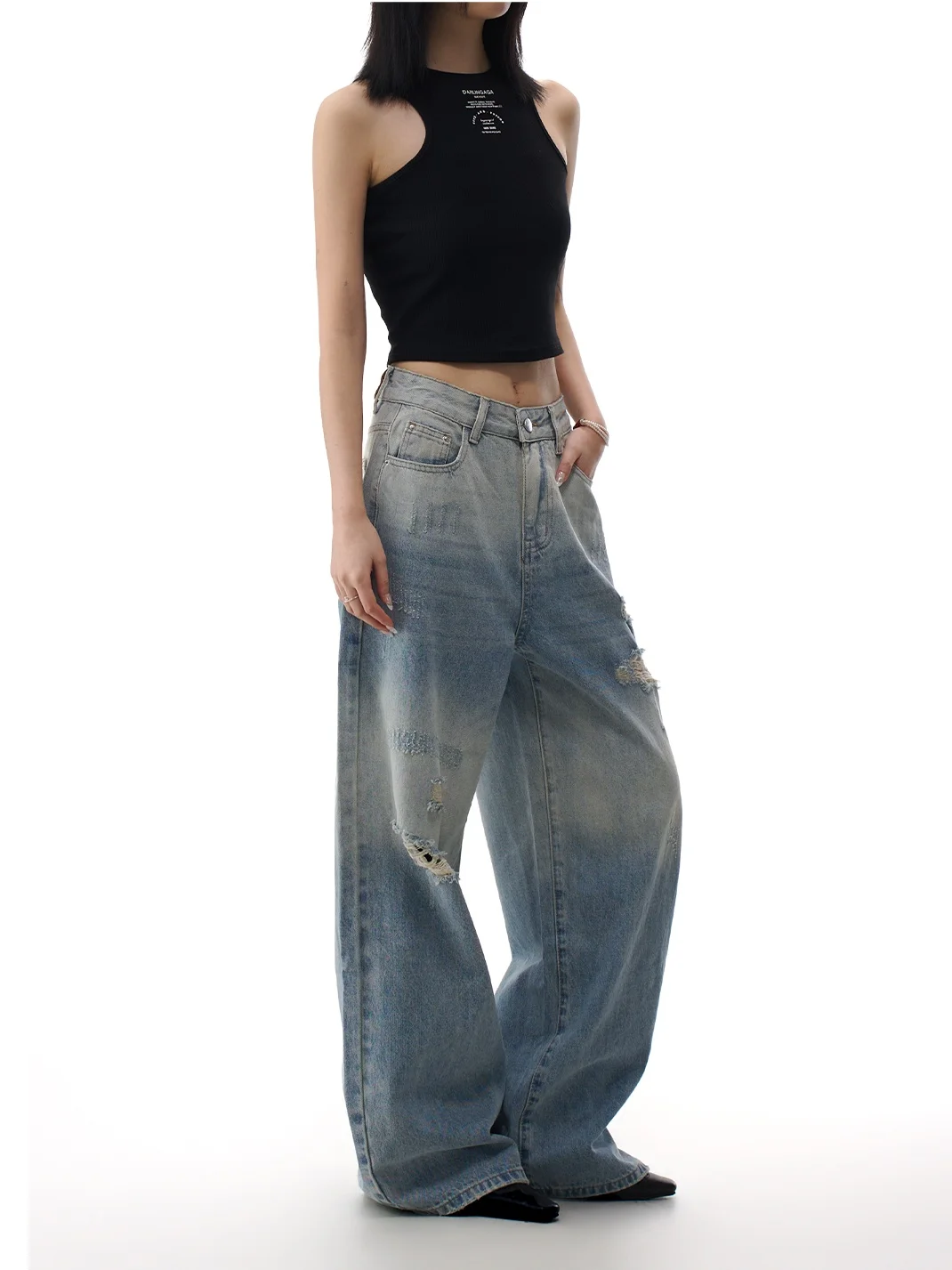 

Американские ретро-джинсы с дырками, женские, весенние, новые, прямые, свободные, широкие, повседневные, со средней талией, на молнии, синие, хлопковые