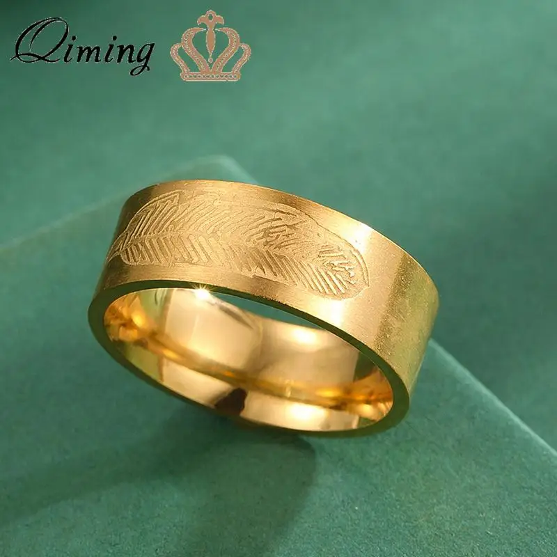 QIMING Korean Minimalist Feather Rings Female Women Wedding Band Stainless Steel Unisex Stackable Ring Gift