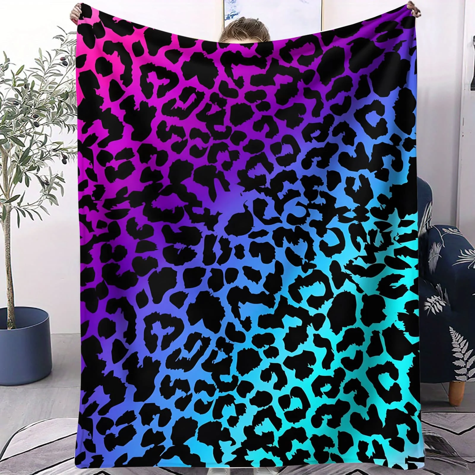 Manta con estampado de leopardo degradado rosa, morado y azul, manta polar de estilo salvaje a la moda para camas, sofá, hogar, adultos, niños, regalo cálido y acogedor