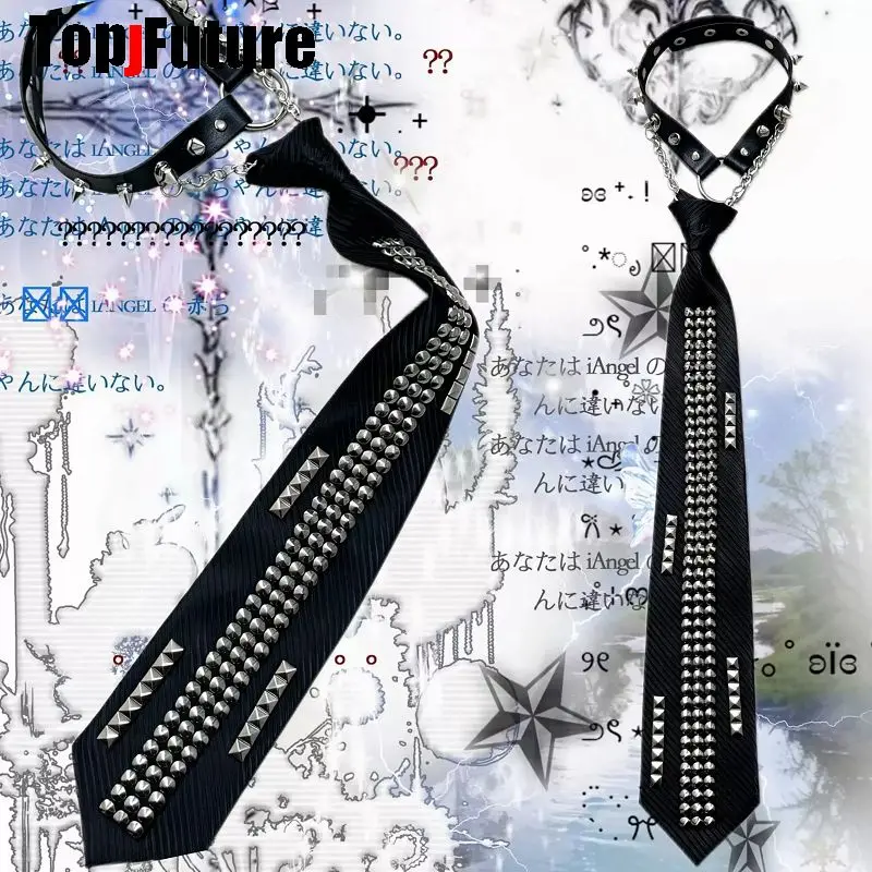 Punk Rivet Spike Choker Tie Set Subculture Dark Metal Chain Unique Hot Girl Black Necktie Gothic Y2K Harajuku Alternative Street