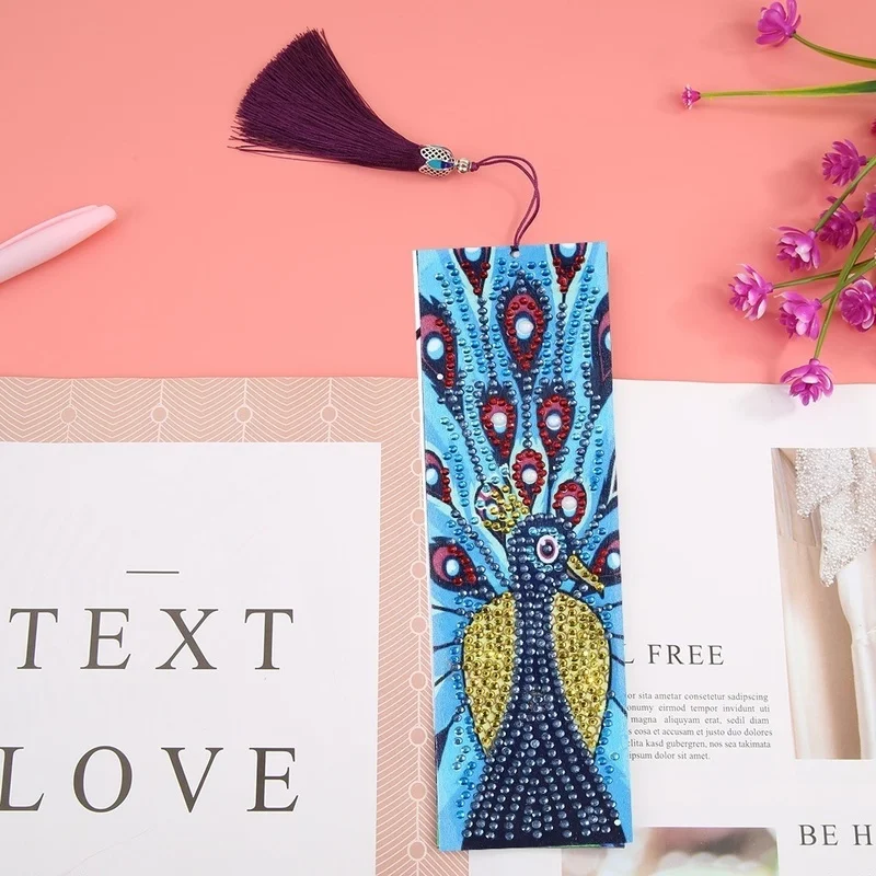 New DIY Point Bookmark Peacock Shaped Diamond Painting Leather Tassel for Girl Gift Cute Stationery School Supplies