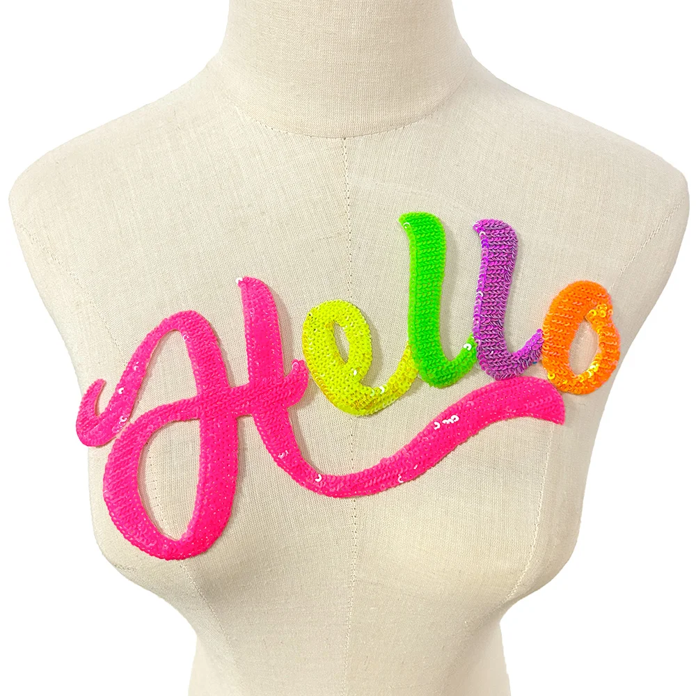 Vielseitiger One-Piece-Patch mit Pailletten-Stickerei und dem Schriftzug „Hello“, zum Aufbügeln für Kleidung und Taschen, DIY-Mode-Dekoration