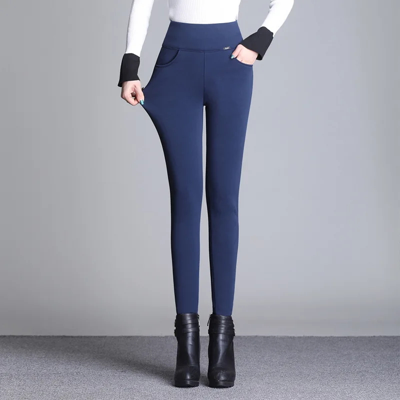 Warm Winter Pants Women Thick Lambskin Cashmere Pants Big Size Leggings Ladies Elastic High Waist Wool fleece Pencil Pants