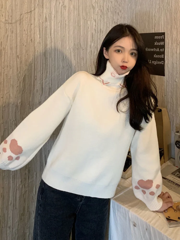 KOSAHIKI Kawaii Knitted Sweaters Turtleneck Cat Pullover Women Japanese Sweet Cartoon Jumpers Knitwear Autumn Winter Pullovers