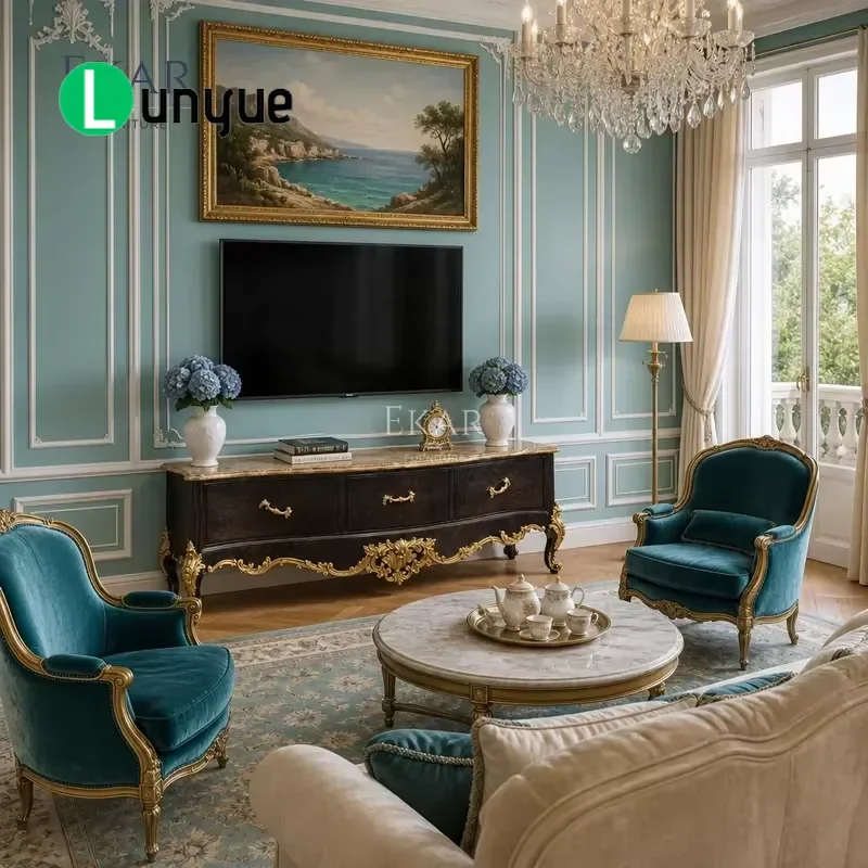 Luxury Baroque Bow Shaped TV Cabinet Rocaille Noir Gold Plated Three Drawer Media Console with Marble Counter Top for Living