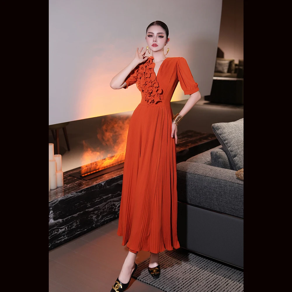 

Meyyithun Women's V-neck Dress Pleated Three-Dimensional Flower Short Sleeve Slimming Waist-Cinching Party Dress for Ladies