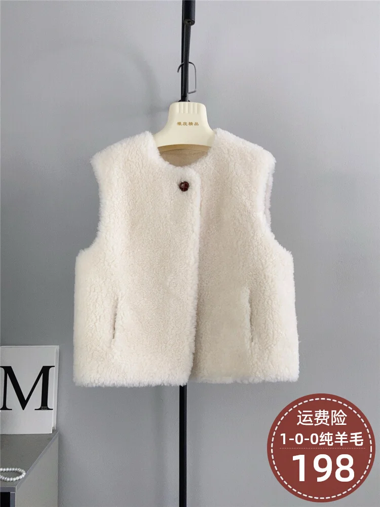 Autumn and winter new one button pure wool vest jacket, small stature, gentle and warm temperament, lamb wool, Haining fur