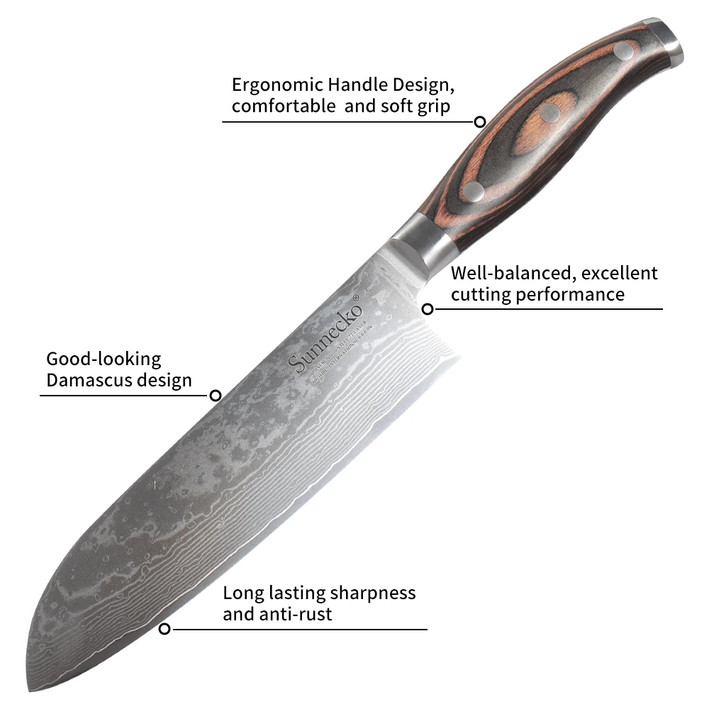 SUNNECKO-Japonês Santoku Chef Cozinha Cozinhar Faca, Aço Damasco, Carne, Frutas, Alto Carbono, Salmon Fish Slicer, Cutter Tool, 7"