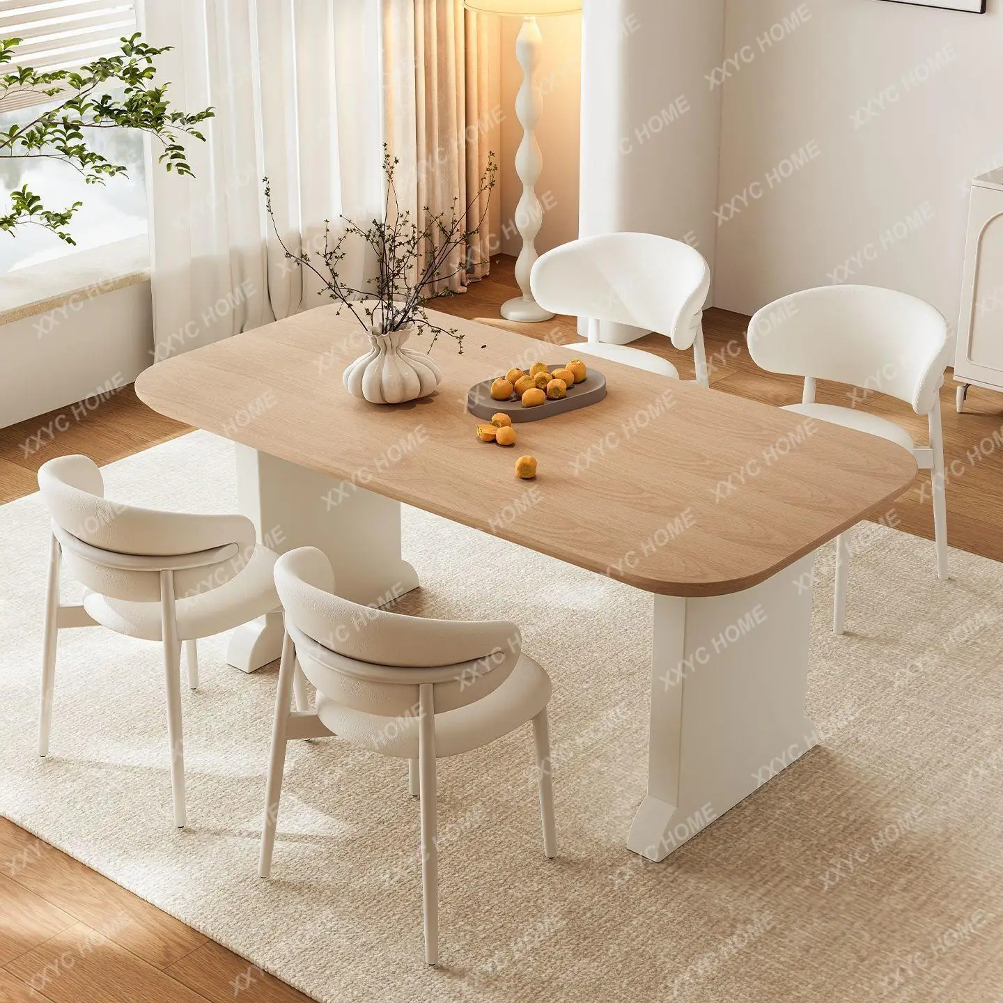 New cream style medium and ancient style solid wood rock slab dining table and chairs living room new retro household