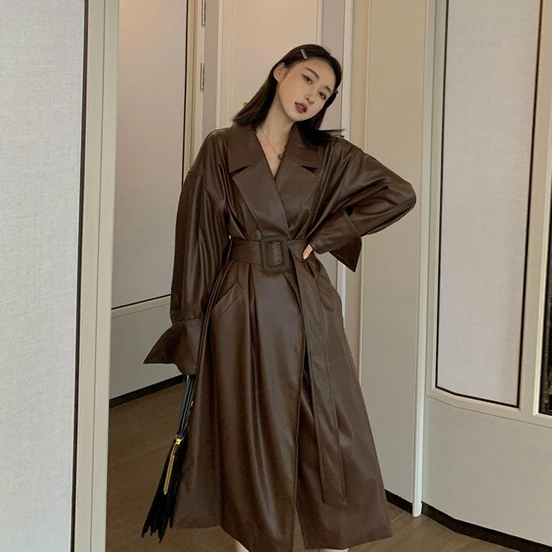 Women Long Leather Clothes Large Lapel Belt Stylish Overcoat Fall Winter Retro Long Sleeve Loose Oversized Leather Trench Coat