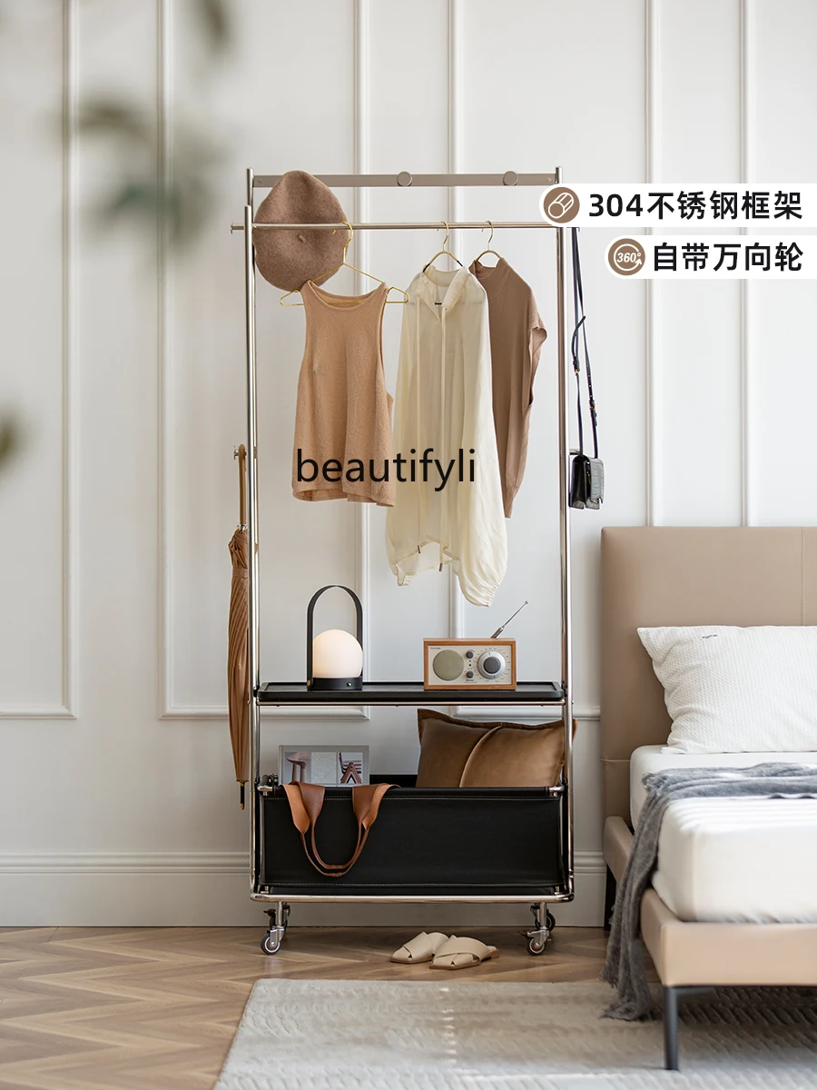 Zhonggu Solid Wood Simplicity Movable Coat Rack Stainless Steel Storage Basket Integrated Floor