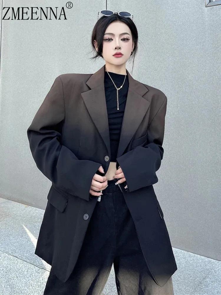 ZMEENNA Women Black Brown Gradient Big Size Vintage Blazer New Lapel Long Sleeve Jacket Fashion Tide Spring Autumn 2024 ZM573