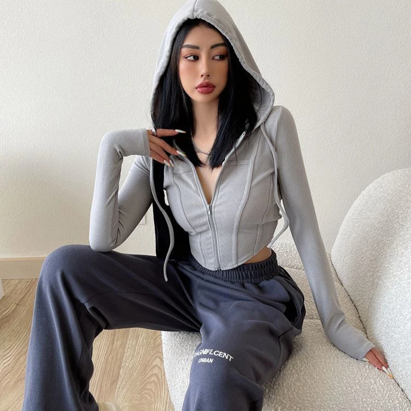 Rimocy Casual Solid Color Hooded Cardigan Women Long Sleeves Y2K Slim Fit Crop Tops Woman 2023 New Zipper Up Streetwear Tees Top