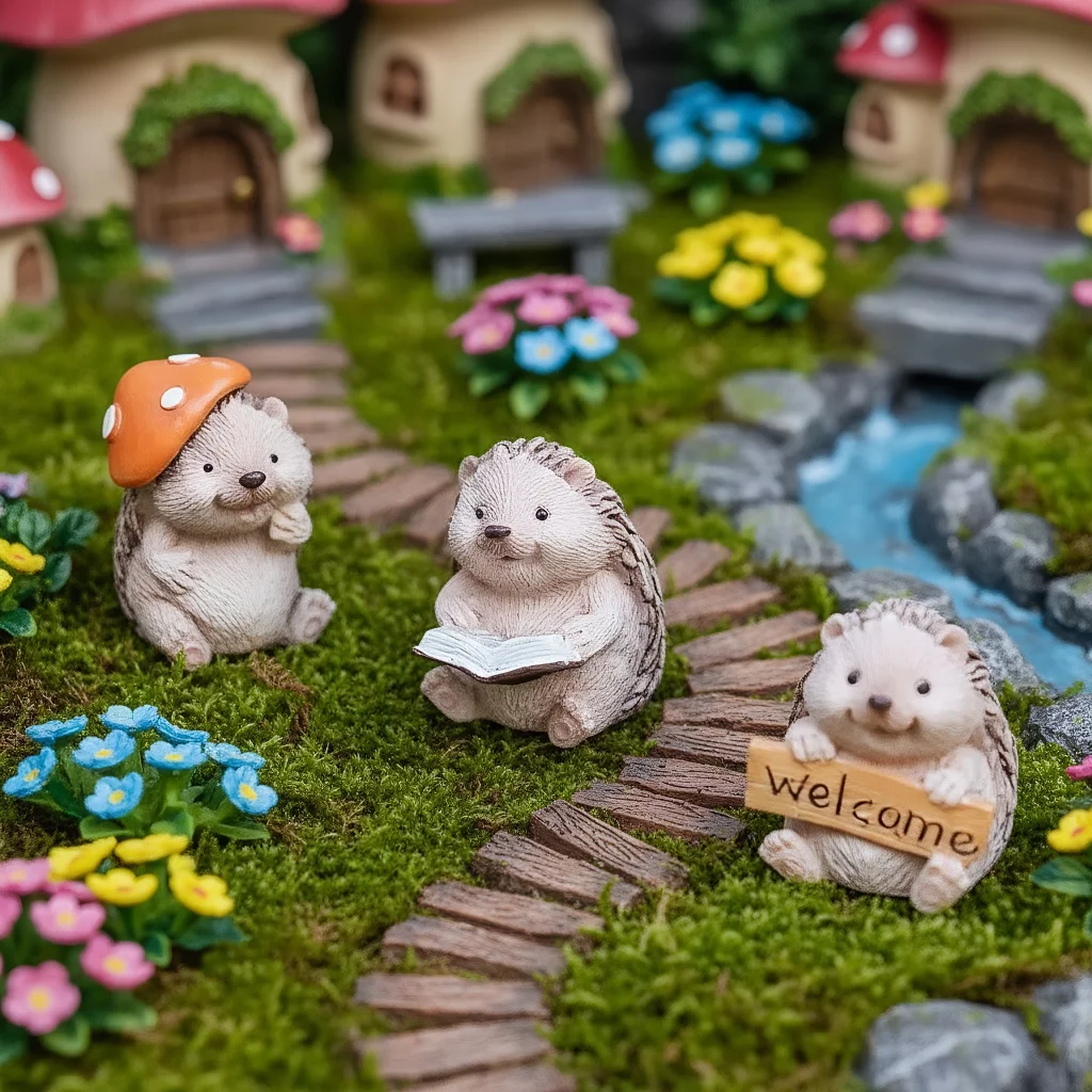 3PCS Healing Resin Hedgehog Figurines Cute Decor for Miniature Garden Succulent Planter Charming Miniature Ornaments for Home