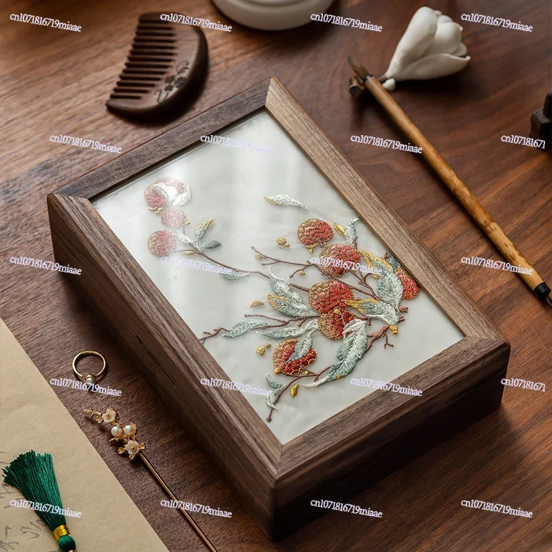 

Solid Wood Embroidered Jewelry Storage Box, High-end Exquisite Walnut Chinese Jewelry Ring Necklace Box, Engagement Gift.