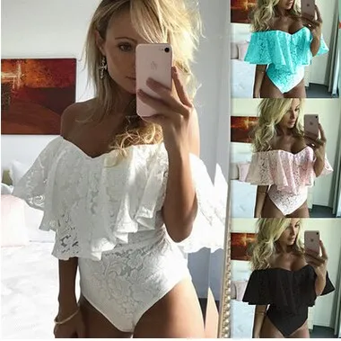 

Spring Summer Lace Sexy oulder Bared Suit Svel round Ne Hollow out Street Sle Women's Faion Polyester