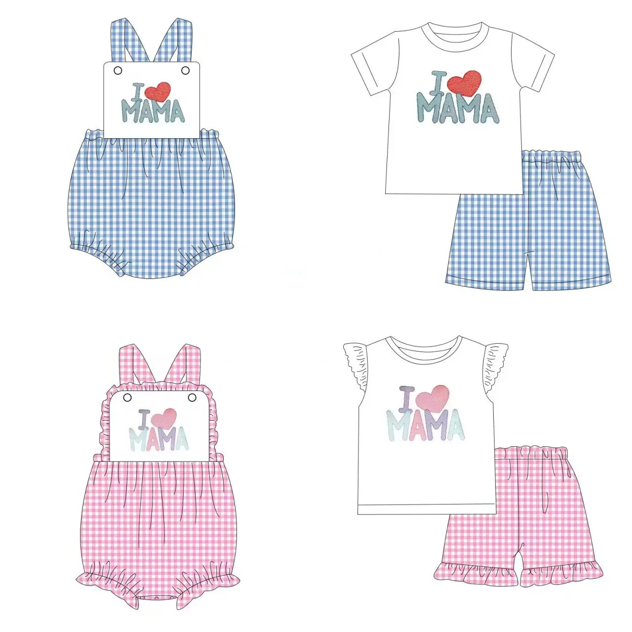 kids boutique clothes toddler valentines day outfits White top plaid shorts set sleeveless romper i love mama print clothing