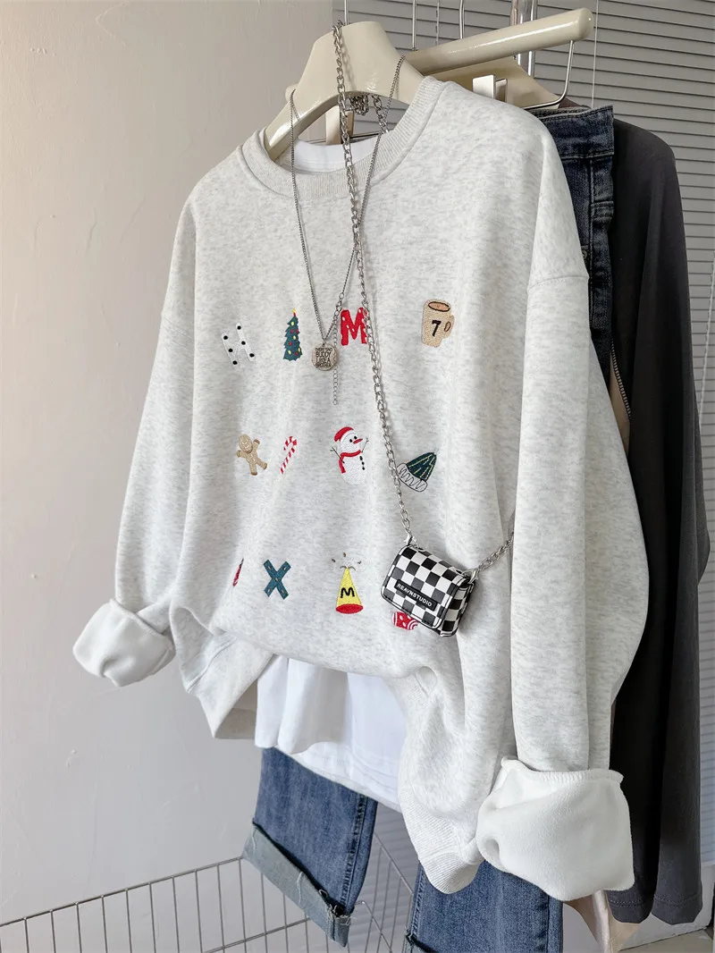 Plus size cisas bordado redondo ne hoodie feminino outono inverno coreano sle facionable solto ajuste longo sve suor