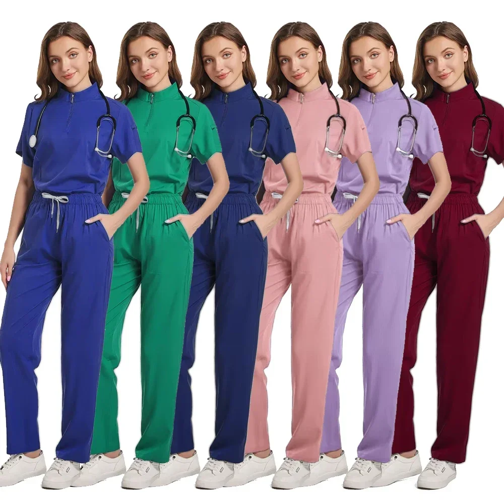 Gran oferta, Tops, pantalones rectos, clínica de mascotas, uniformes de enfermería, conjuntos de uniformes médicos elásticos de 12 colores para mujer, conjunto de batas de verano