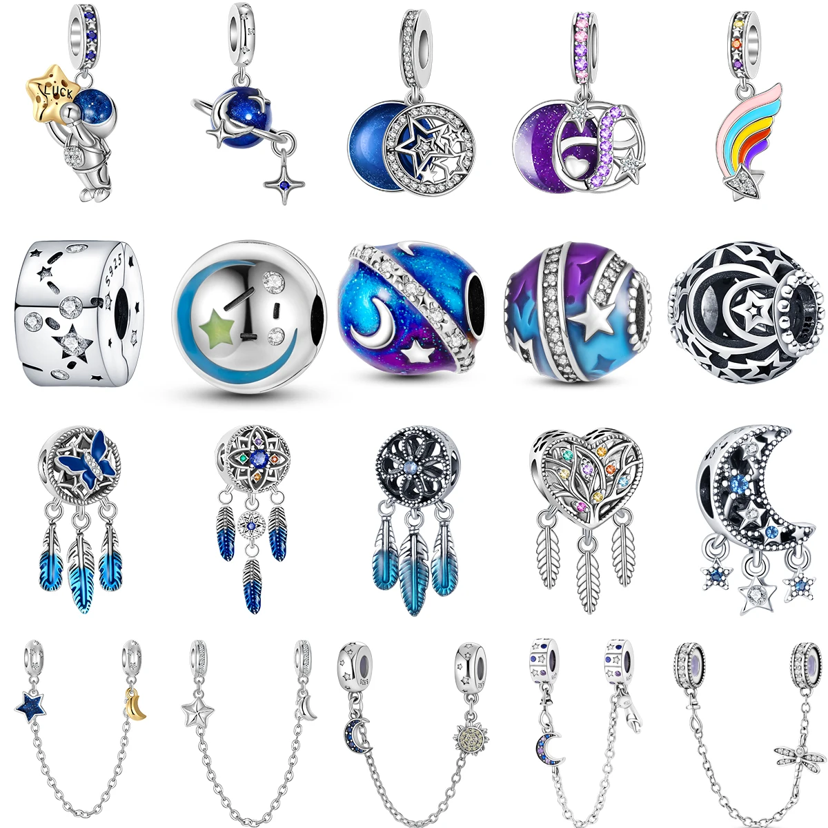 

925 Sterling Silver Moon Star Rainbow Dreamcatcher Pendant Beads Charms Fit Original Pandora Bracelets For Women DIY Jewelry