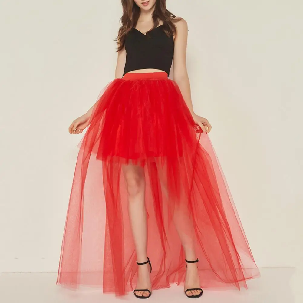 Women Tulle Skirt Elastic High Waist Solid Color Party Skirt Front Short Back Long Lightweight Tulle Skirt Girl Tulle Skirts