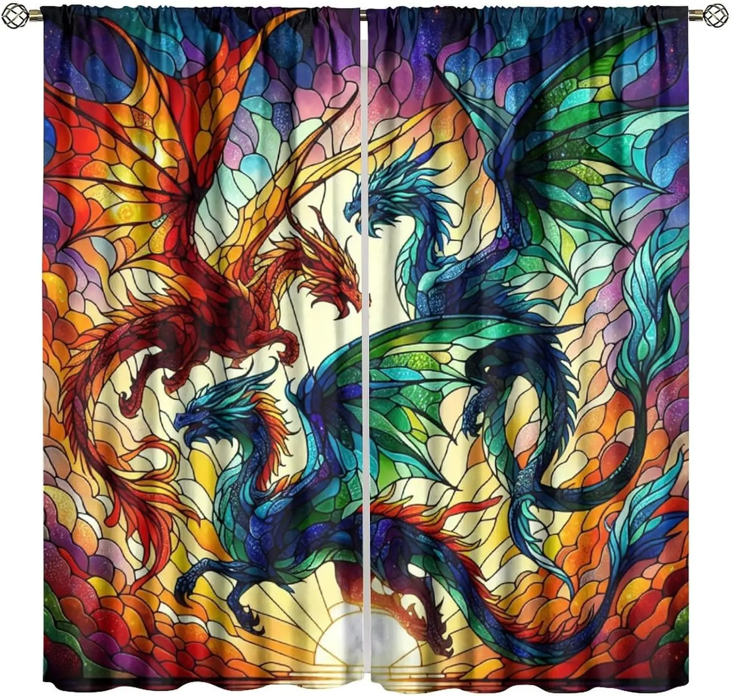 Stained Glass Dragon Blackout Curtains, Geometric Western Style, 2 Panels Rod Pocket Drapes for Home Kitchen Restaurant Decor