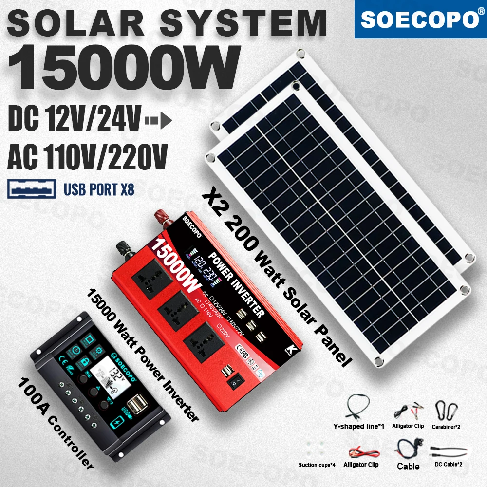 

High Efficiency SOECOPO 15000W Solar Energy System 2×200W Panels 100A Controller with 8×USB Fast Charging for Mobile Office camp