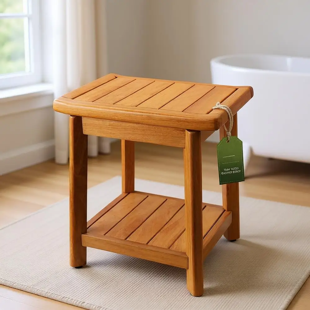 

14 Teak Shower Seat with Storage Shelf, Non-Slip Waterproof Wooden Bench, Compact Bathroom Stool for Shower or Tub, Ideal for El