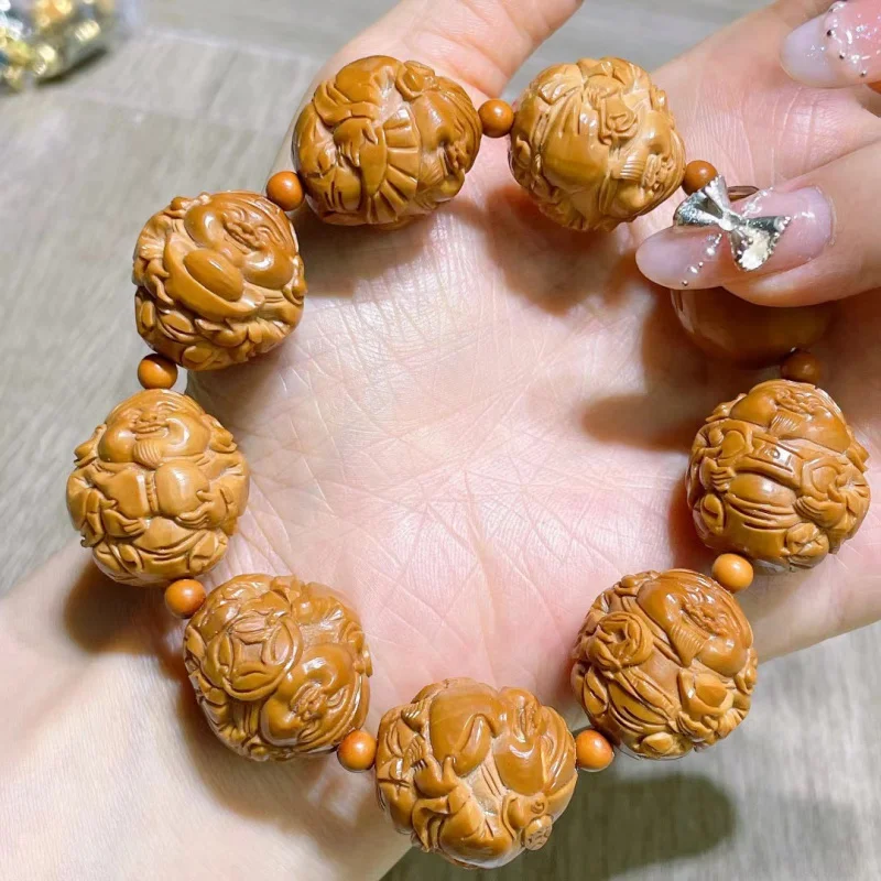 Natural Olive Nut God of Wealth Single-Wrap Hand Carved Crafts Beaded Bracelet Money Drawing Pi Xiu Stone