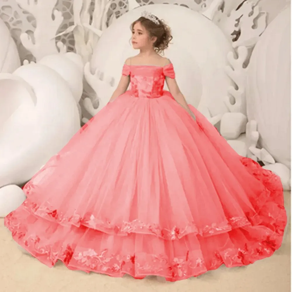 Elegant Off The Shoulder Flower Girl Dresses For Wedding Toddlers Appliqued Ruffles Tulle Pageant Dress Kids Birthday Ball Gowns