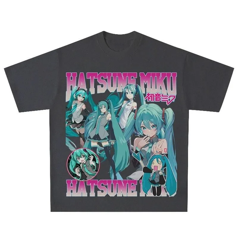 Animation Peripheral Hatsune Miku Retro Style Pure Cotton Short-sleeved Summer Casual Loose Washed Men\'s and Women\'s T-shirt