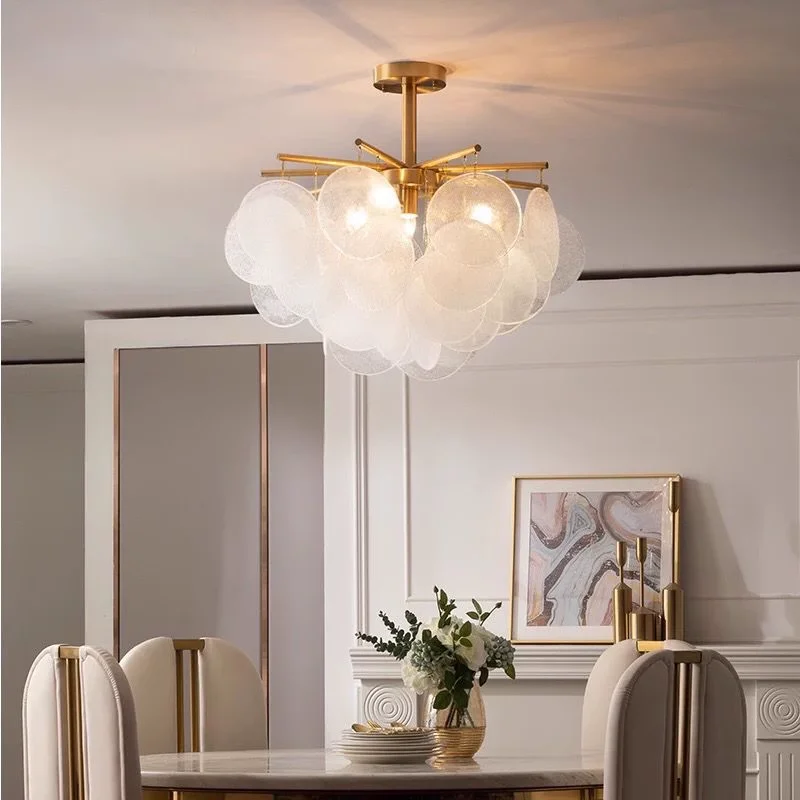

French Retro Glass Ceiling Chandelier Nordic frosted crystals round pendant lamp Iron E14 villa Living Room Hotel hanging light
