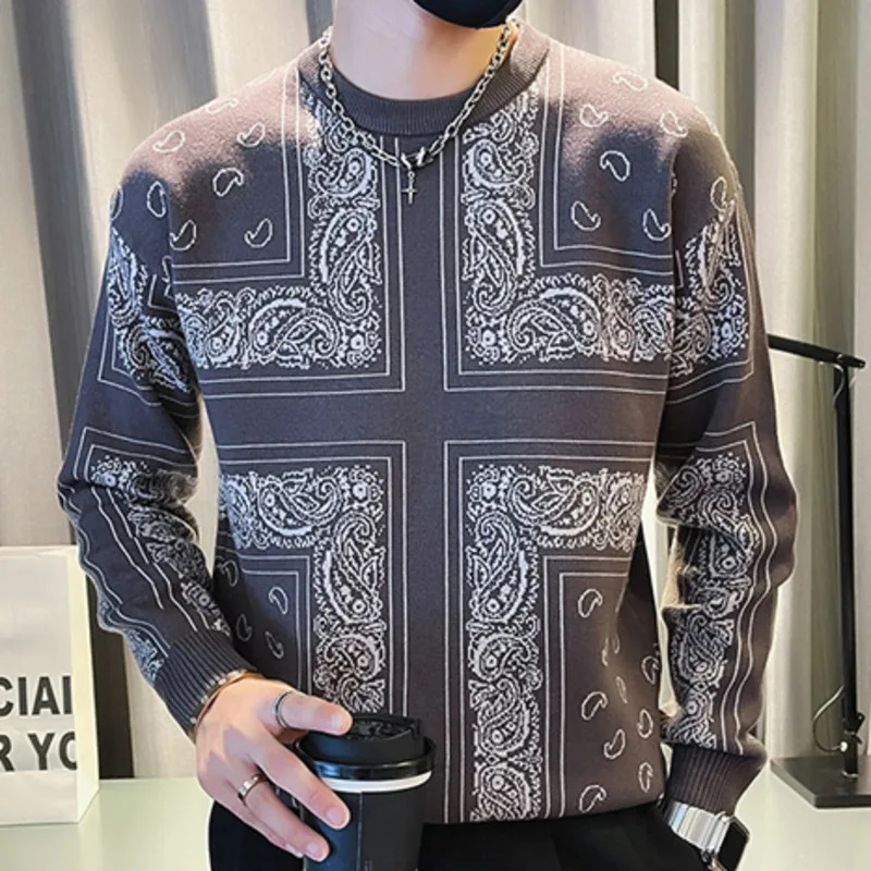 Korean Style  Cashew Flowers Printing Sweater Mens Pullover Sweater Pull Homme Autumn Sweater For Men Knitted Round Neck Sweater