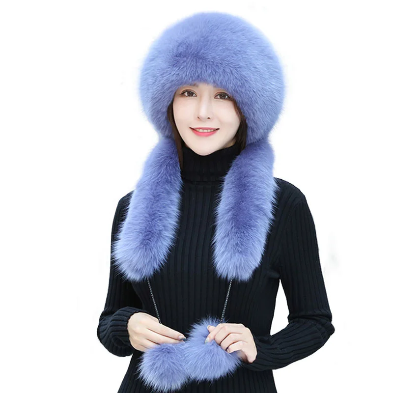 2022 100% Real Fur Winter Hat Scarf Fox Hat Women Russian Ushanka Aviator Trapper Snow Ski Hat Earflap Caps Raccoon Fur Hats