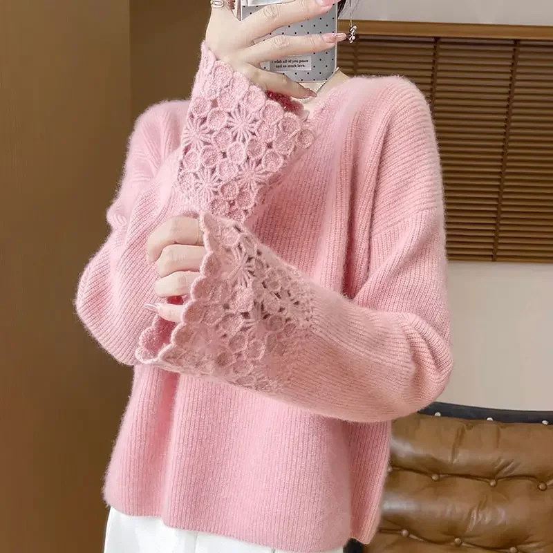 Gagaok Elegant V Neck Pull Femme 2024 Autumn Hook Flower Hollow Long Sleeve Top Korean Fashion Simple Solid Pullover Sweater