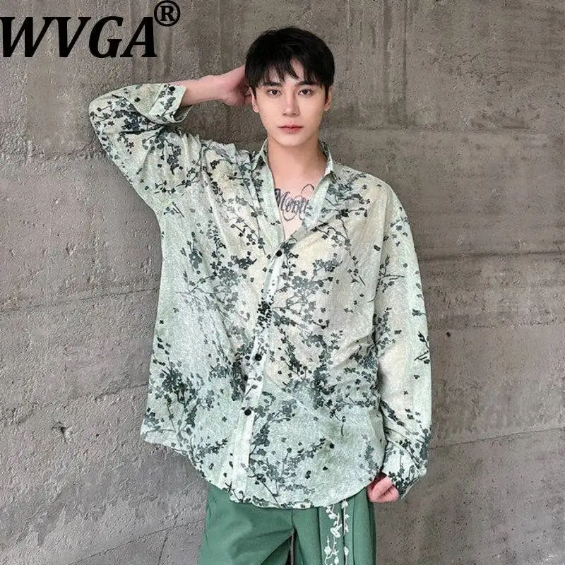 

WVGA Spring Autumn New Man Retro V-Neck Flocked Printed Shirt Sunproof Semi-transparent Niche Chic Suit Pants 2-piece Set W23661