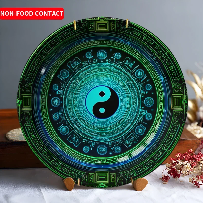 2D Flat, 1pc Large Yin Yang Ceramic Wall-Mounted Decorative Plate - Blue & Black Asian-Inspired Design with Auspicious Cloud